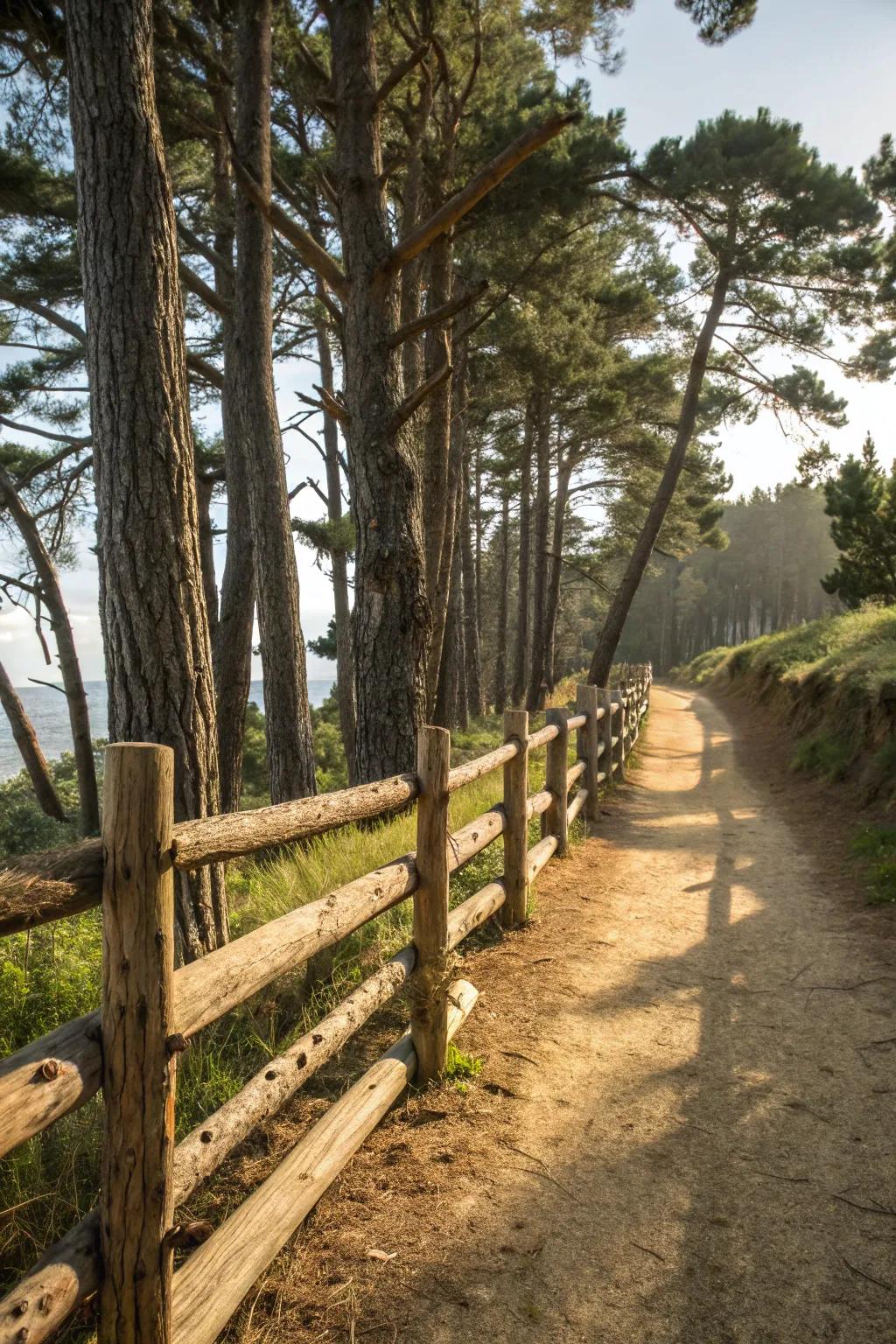 Rustic charm with a log fence that complements natural surroundings.