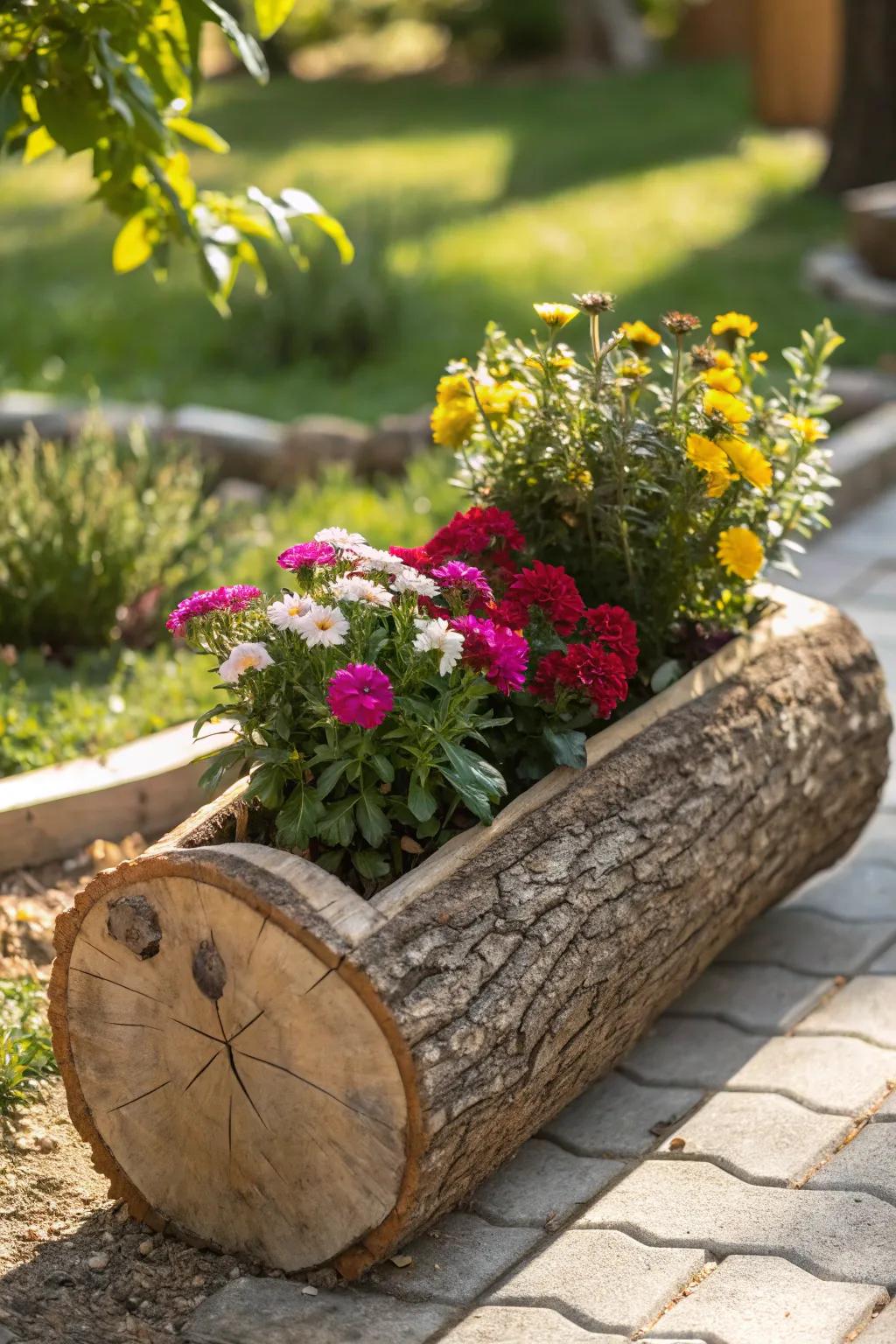 Bring woodland charm to your garden with a handcrafted log planter—where rustic elegance meets nature's beauty.