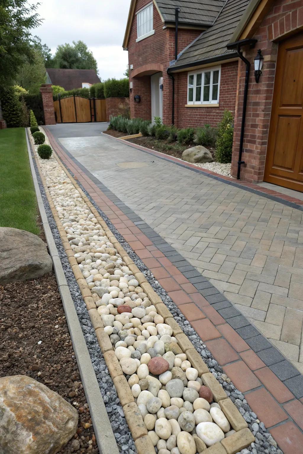 Stone edging lends a sophisticated touch to this elegant driveway.