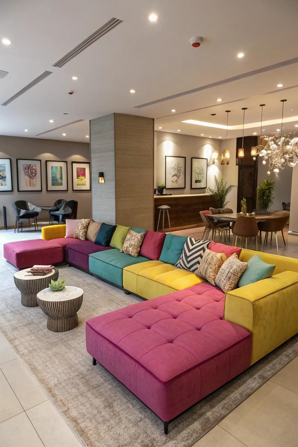 A vibrant modular sofa acts as an eye-catching centerpiece.