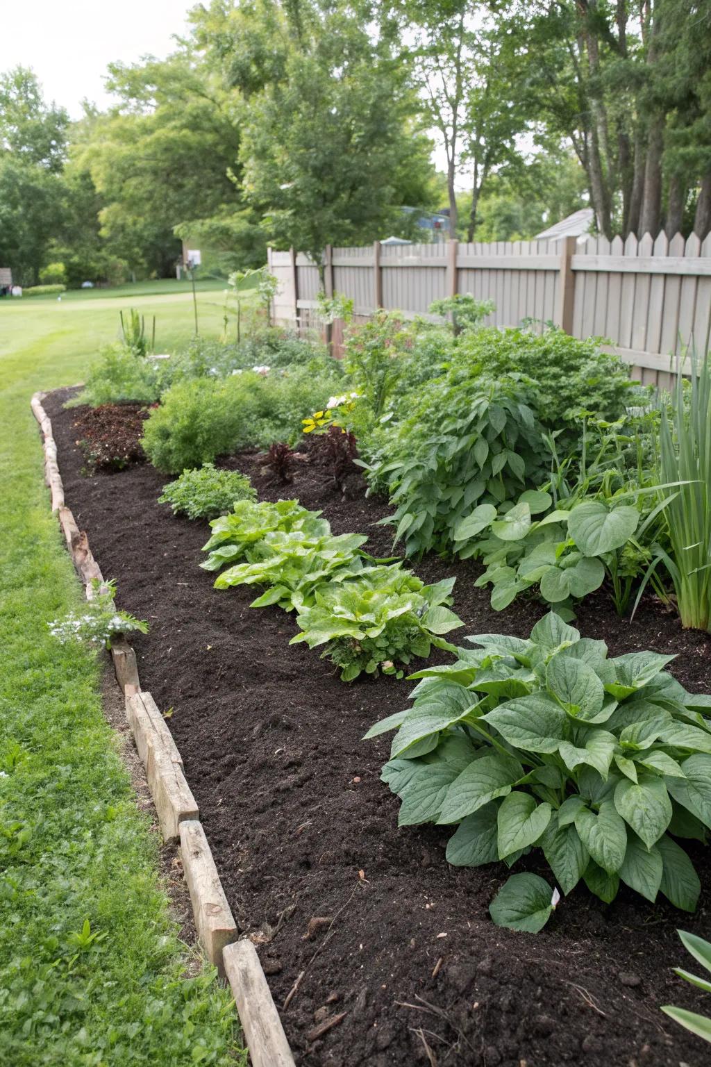 A garden bed covered in mulch, preserving moisture and keeping weeds away.
