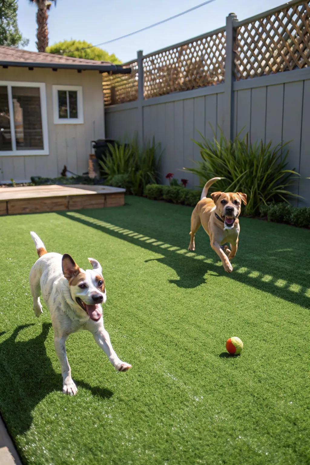 A lively pet sanctuary featuring easy-care artificial turf.