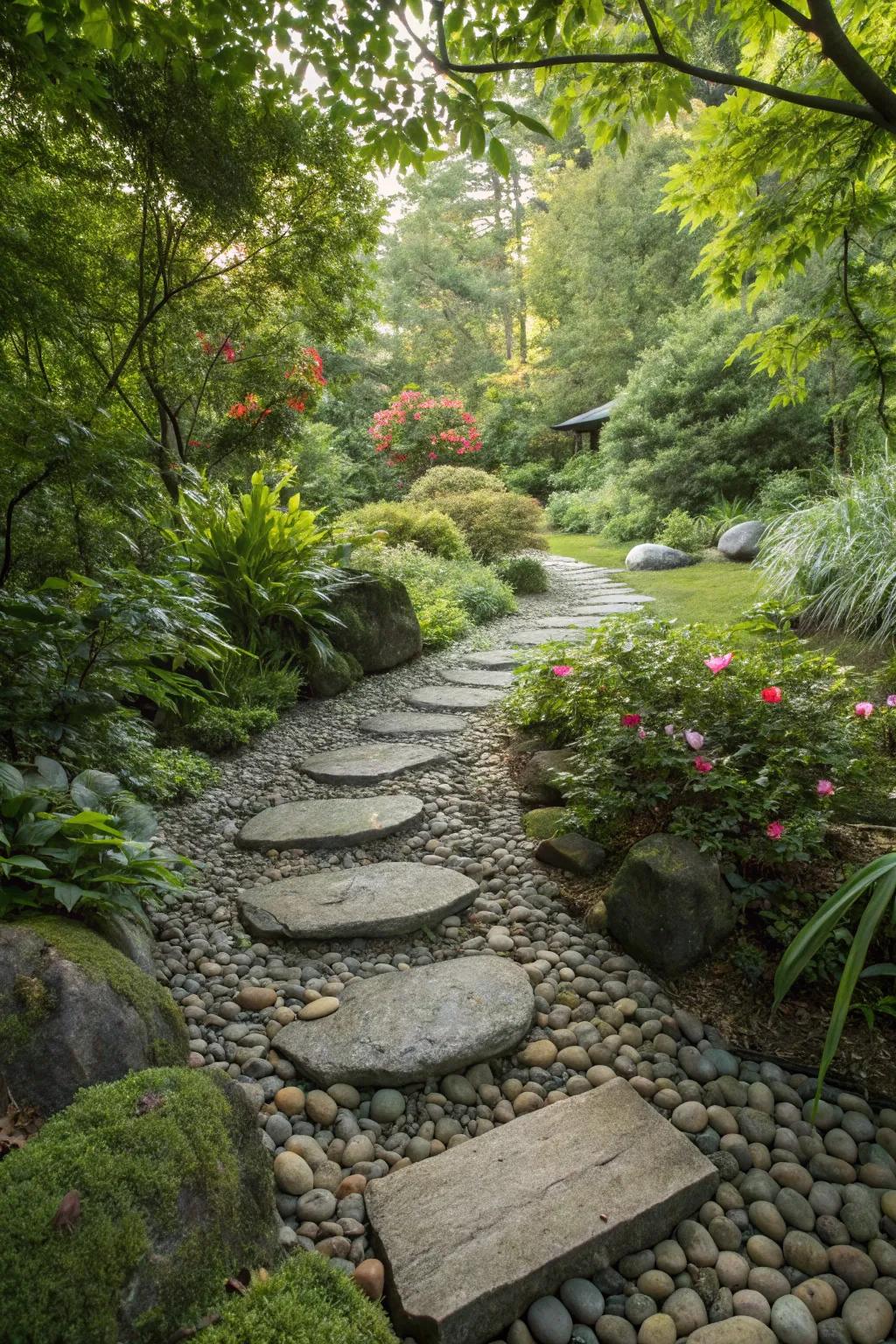 Invite your guests through a delightful walkway lined with pebble stones.