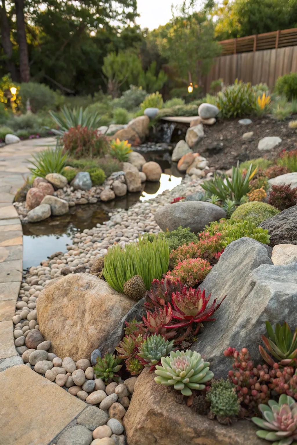 A calm stone space with mixed textures and colors.