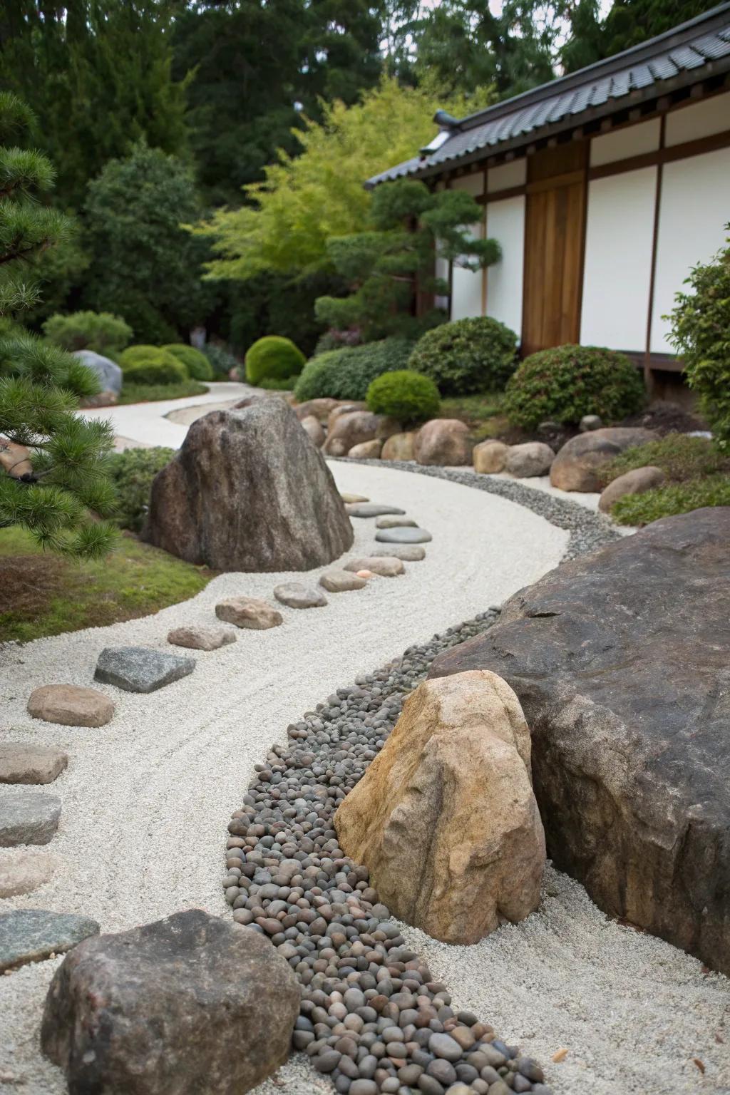 A meandering stone walkway through a rock garden.