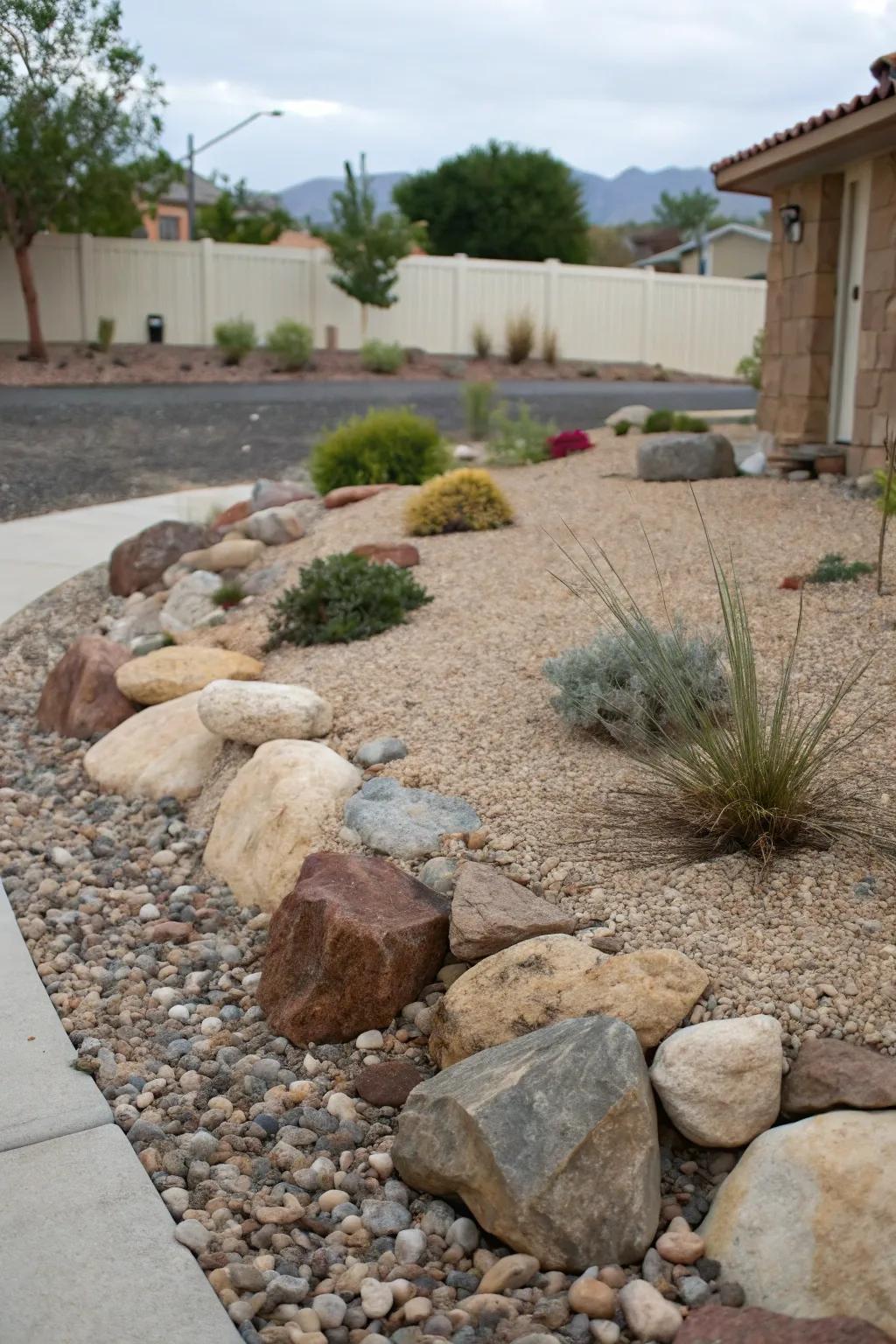 Stone and rocks deliver a low-maintenance and water-saving landscape for your front yard.