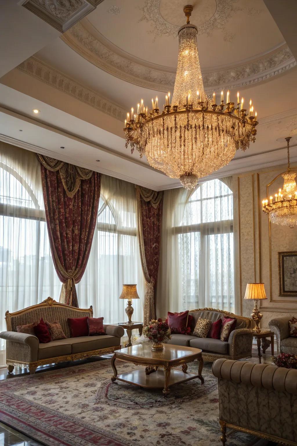 An impressive chandelier takes center stage in this lavish living room.