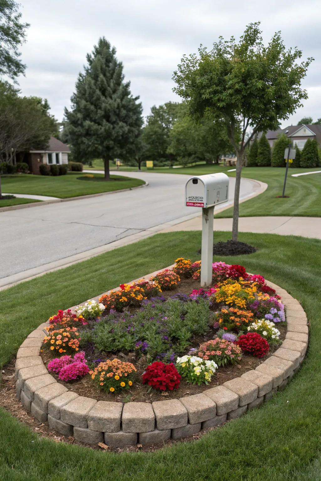 A round design establishes a well-proportioned and welcoming mailbox setting.