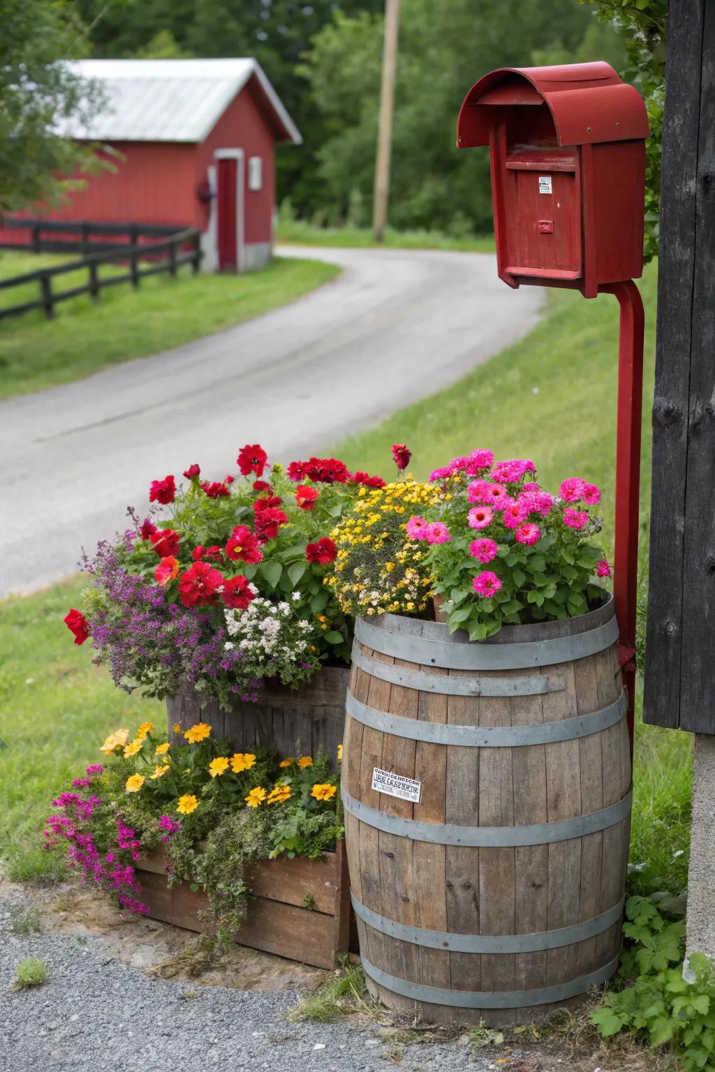 Vintage charm merges with radiant flowers in this barrel planter concept.