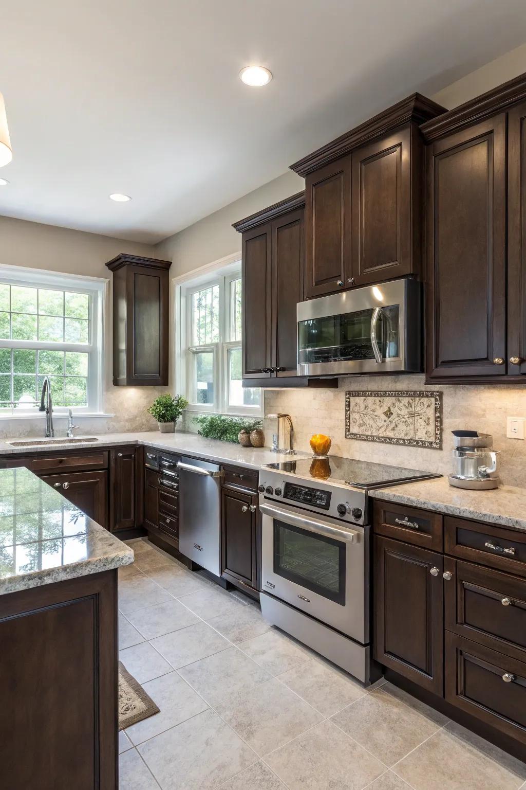 A modern kitchen featuring dark stained maple cabinets for a striking contrast.
