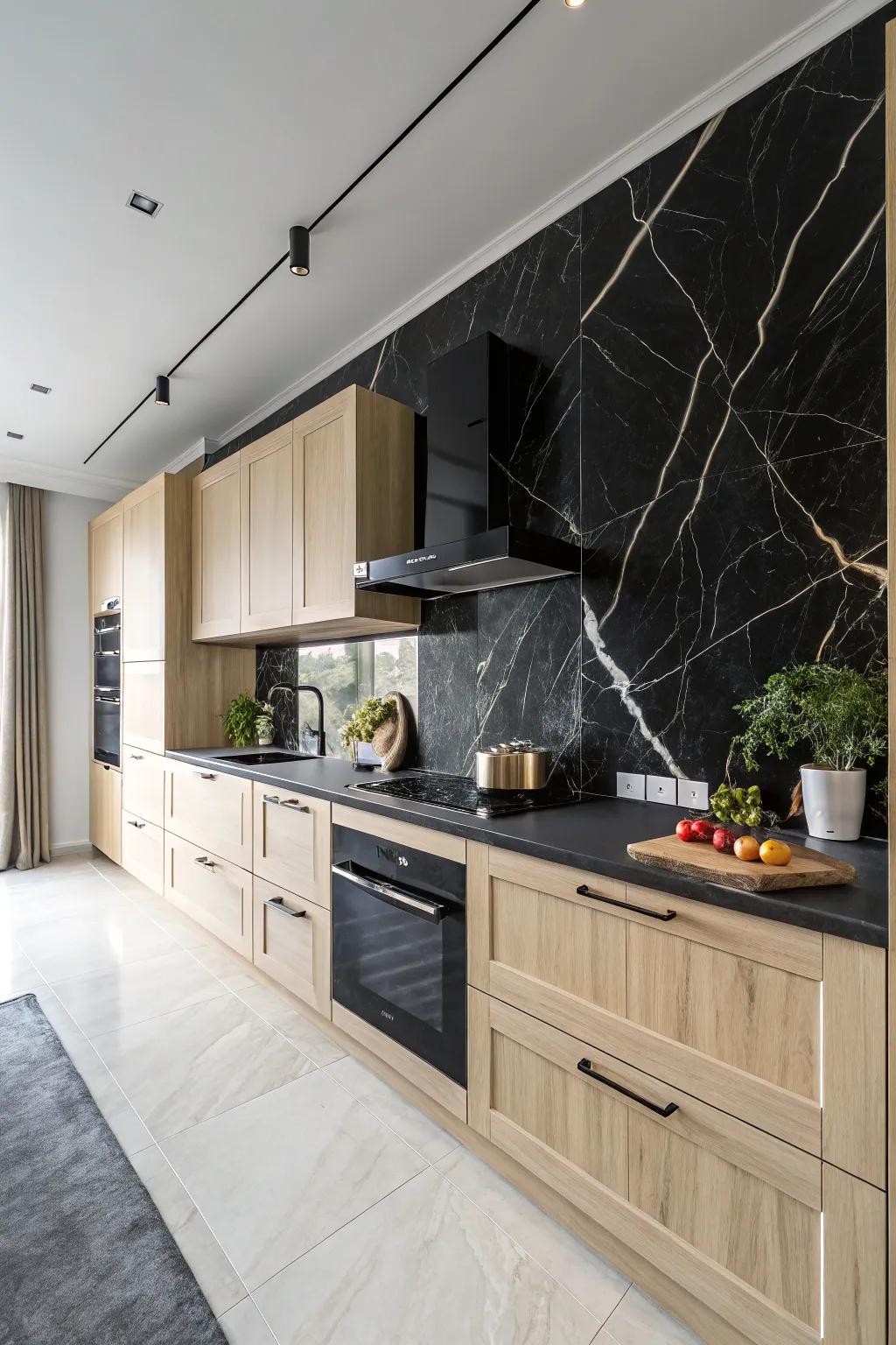 A kitchen making a bold declaration with a dark stone backsplash.