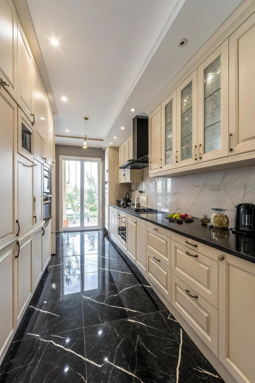 A striking kitchen with black marble floors creating a dramatic contrast against light cabinets.