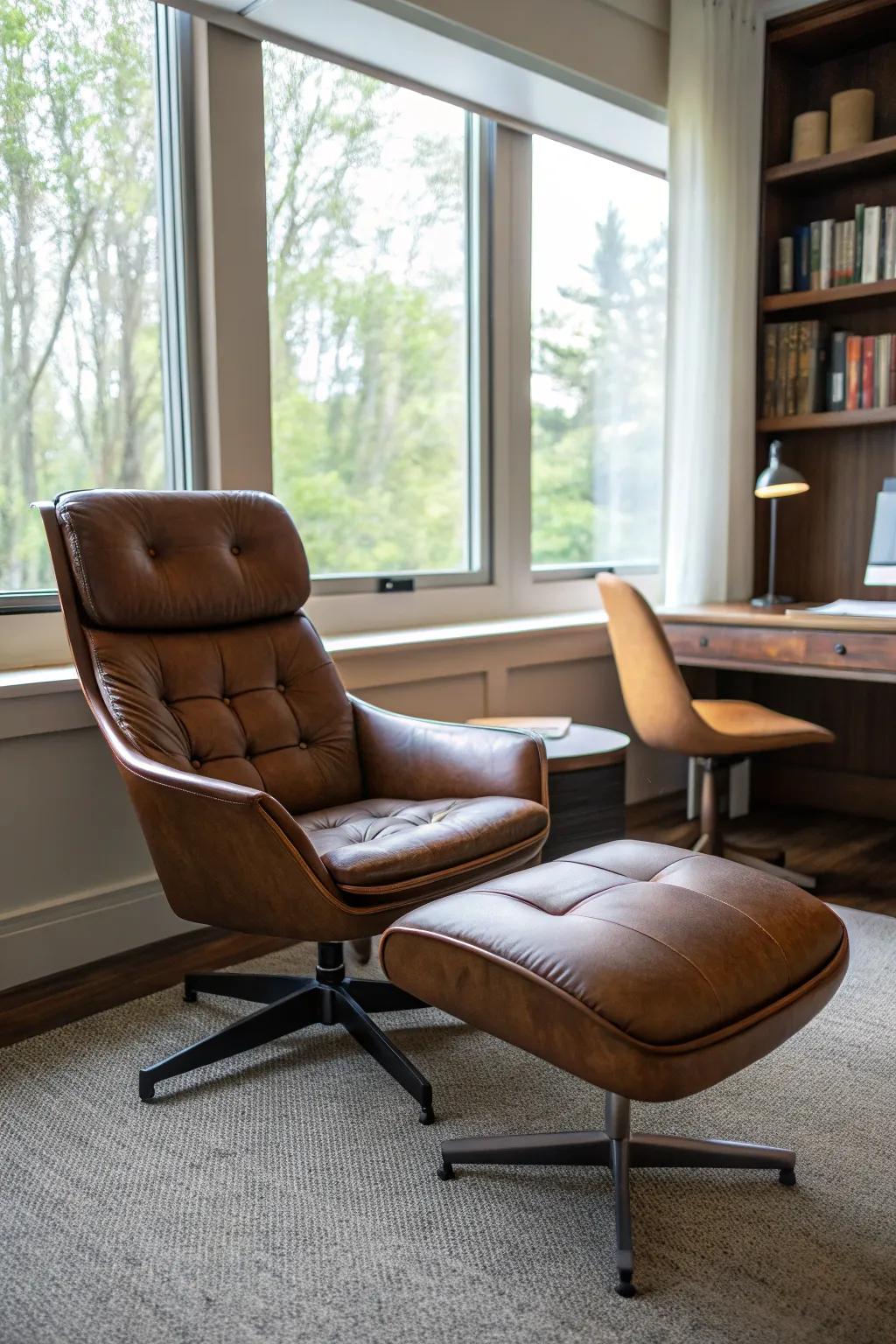 A brown leather chair and an accompanying ottoman create the ultimate in comfort and style.