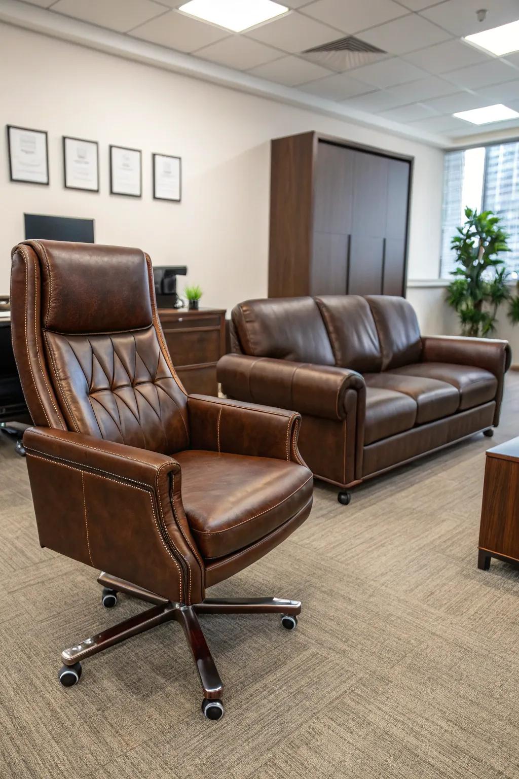Leather furnishings infuse your workspace with a hint of opulence and comfort.