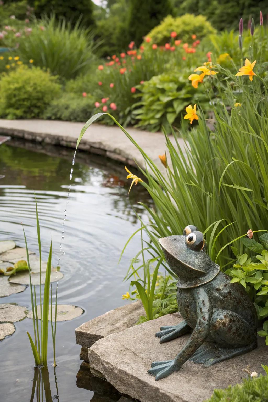 Add a playful touch with whimsical metal animal sculptures.