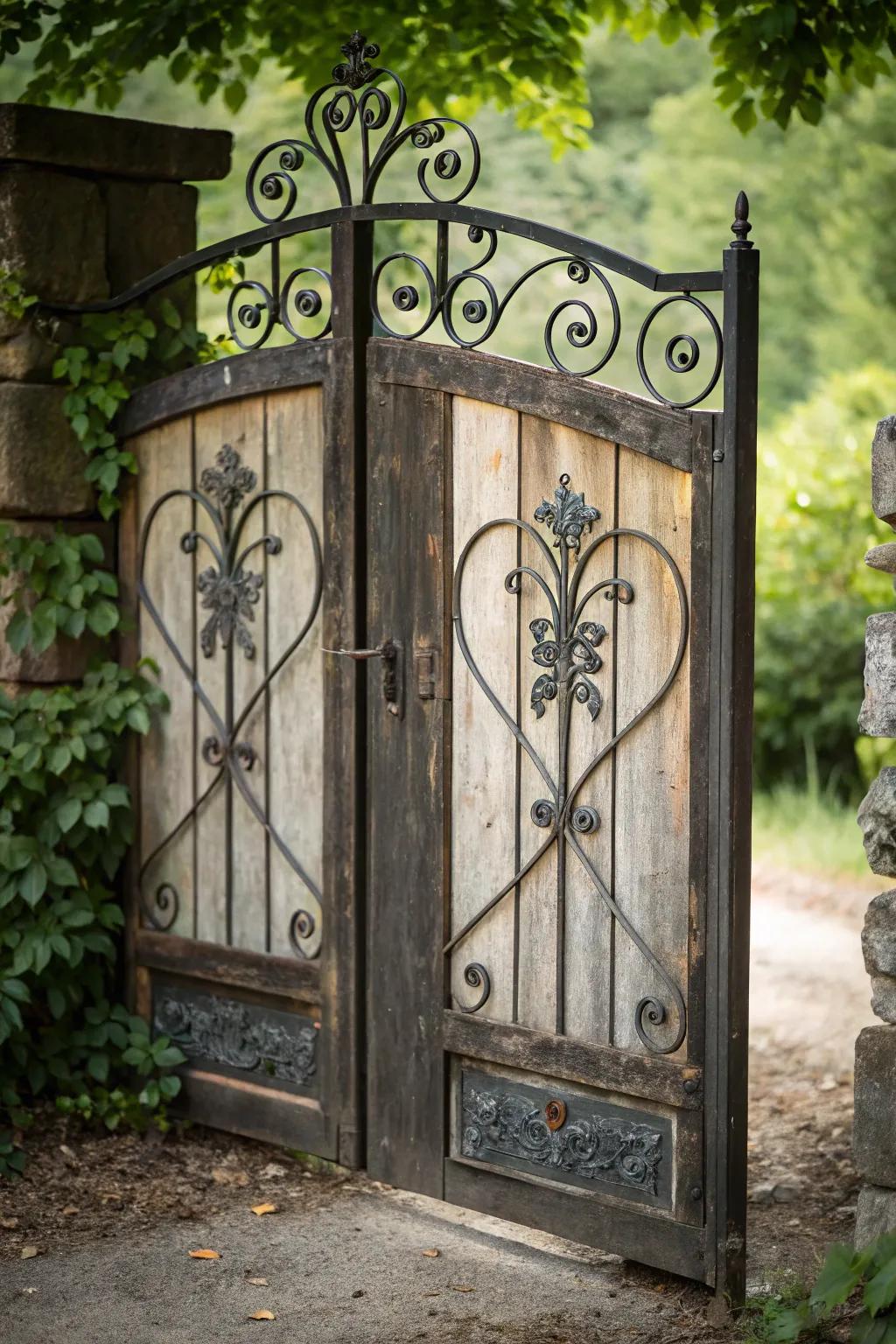 Embrace the timeless elegance of rustic charm with this stunning metal and wood gate.