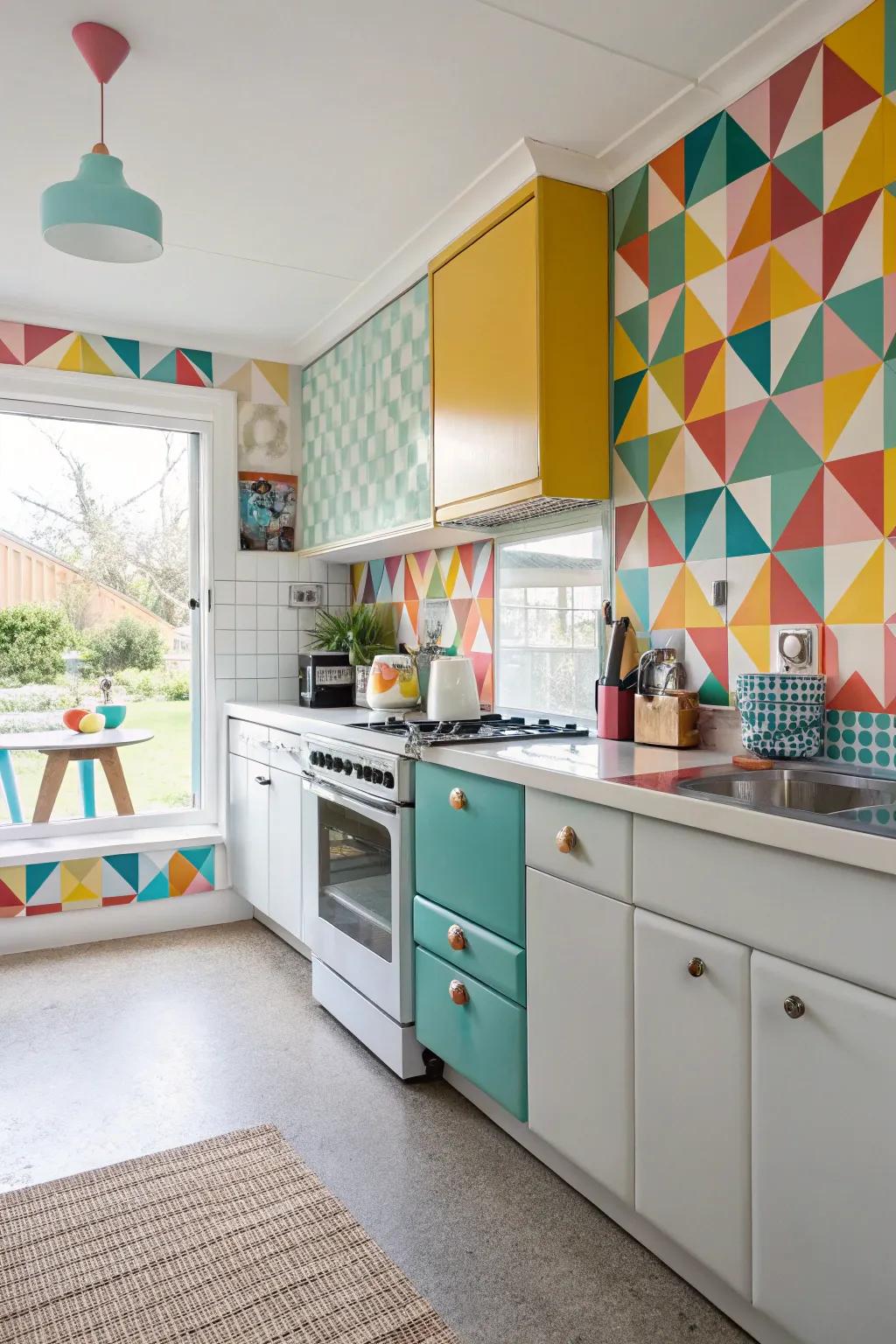 A geometric backsplash adds a pop of color and style to this kitchen.