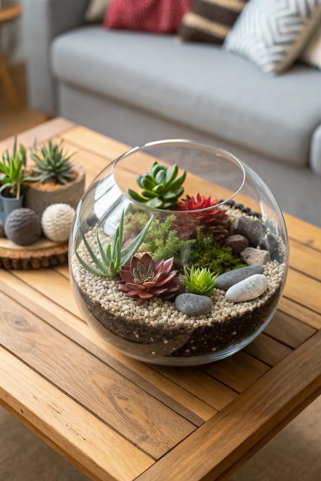 A glass terrarium reveals a captivating miniature succulent realm.