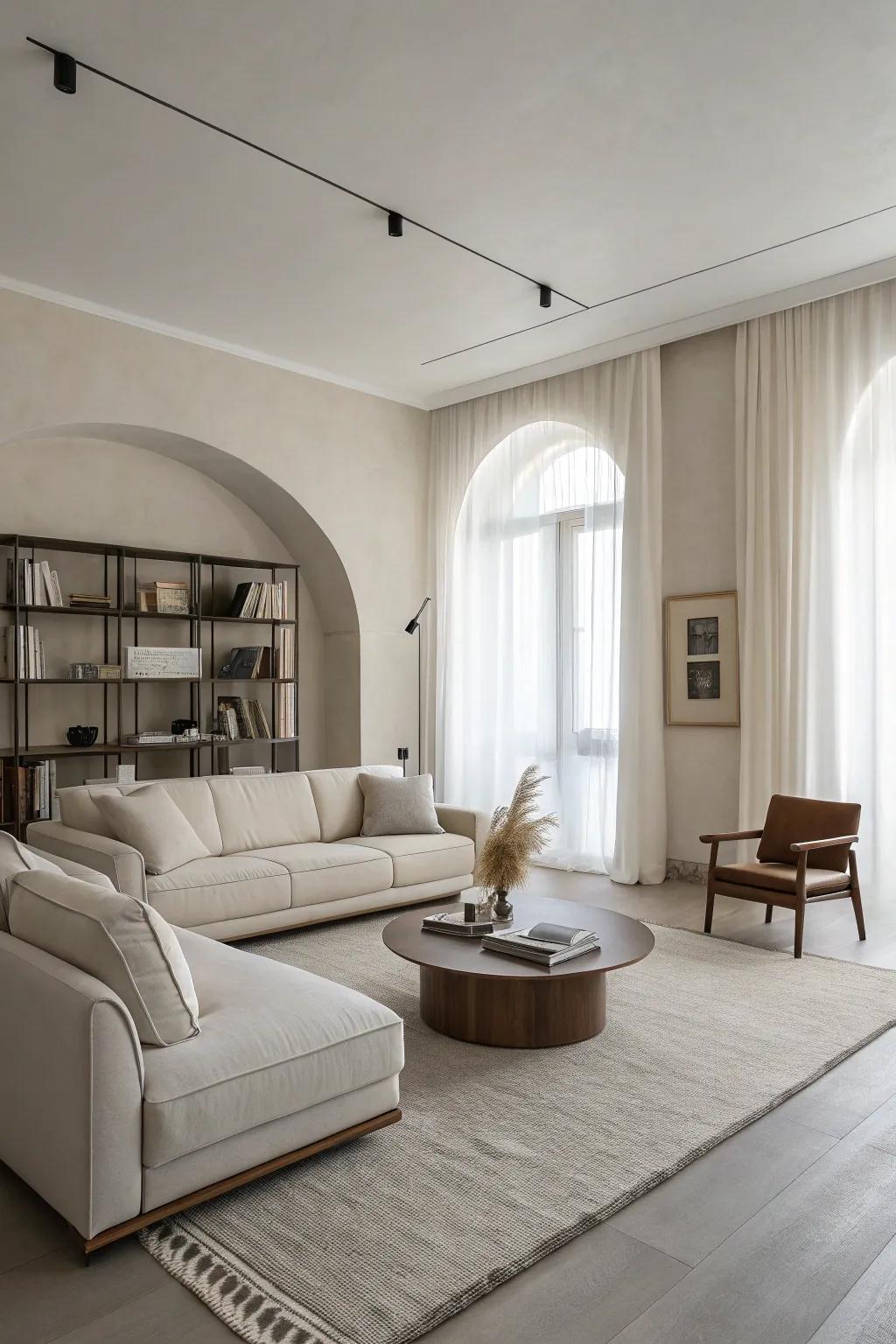 Furnishings with uncluttered silhouettes enhance the minimalist appeal.