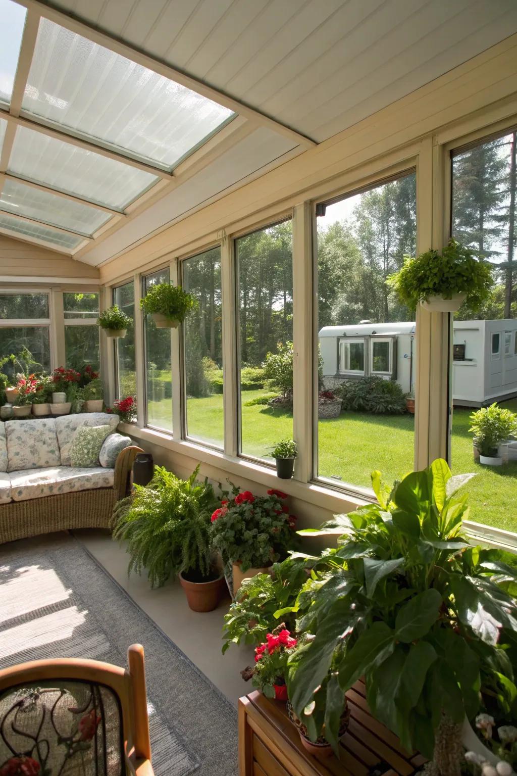 A glass room bathed in natural light and bursting with greenery, delivering a serene extension to the mobile home.