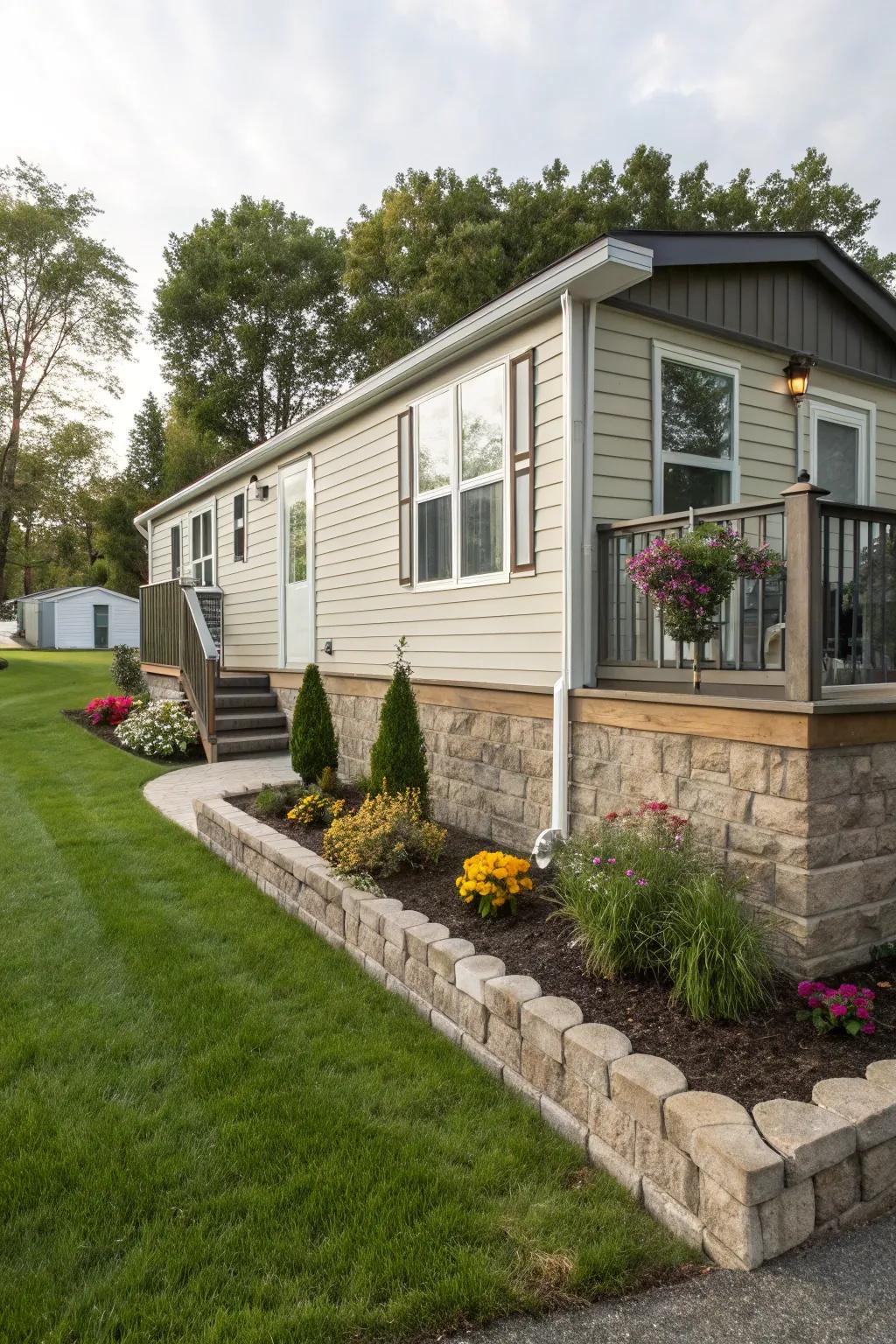 Stone skirting adds a modern touch to this mobile home's exterior.