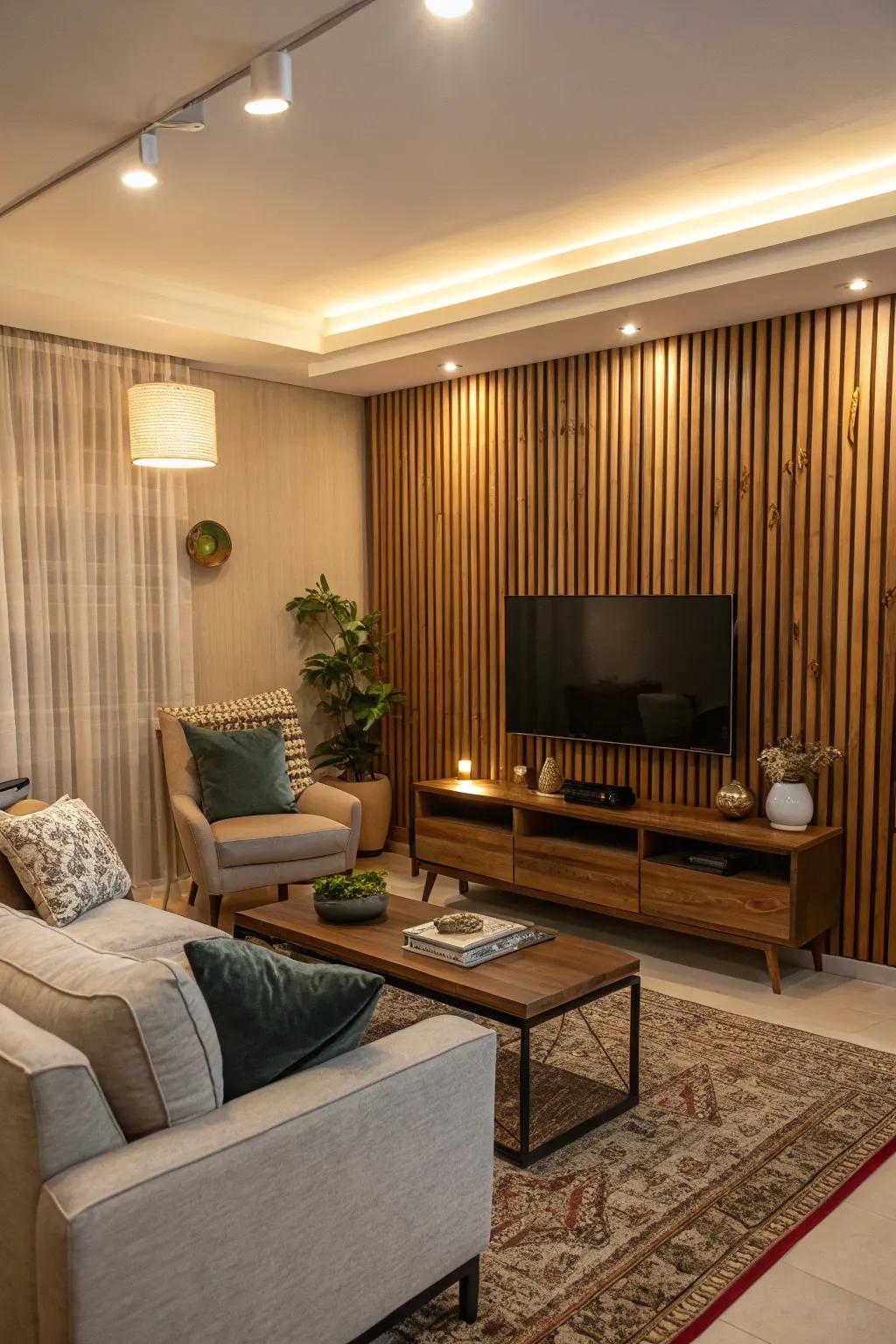Vertical wood slats add texture and warmth to the TV area.