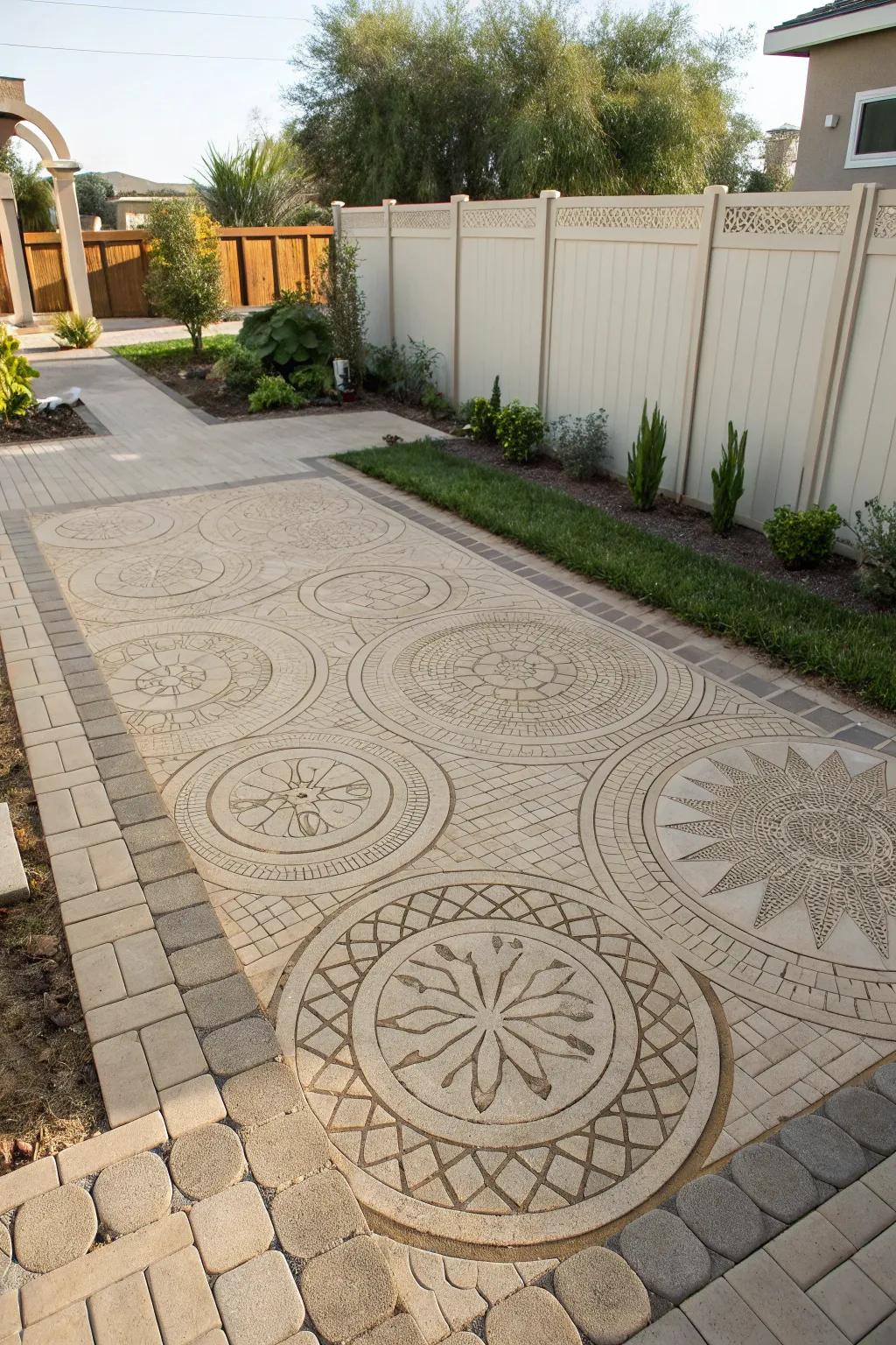 A paver paradise showcasing detailed designs in a backyard free from grass.