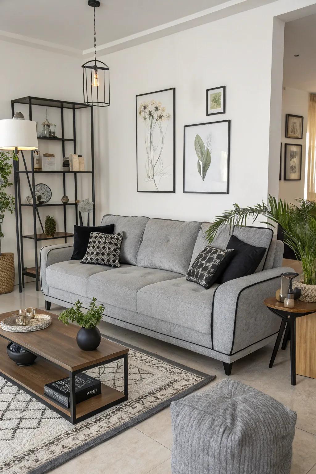 A grey sofa with black accents serves as a sophisticated centerpiece.