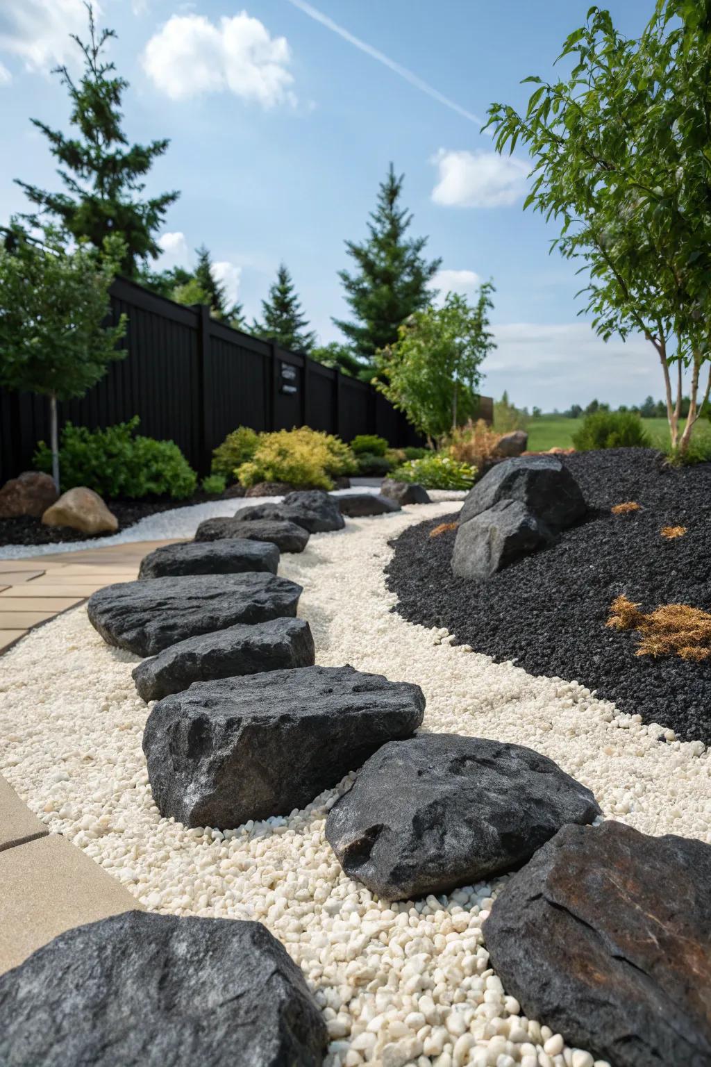 Black rocks paired with light gravel for a modern contrast.