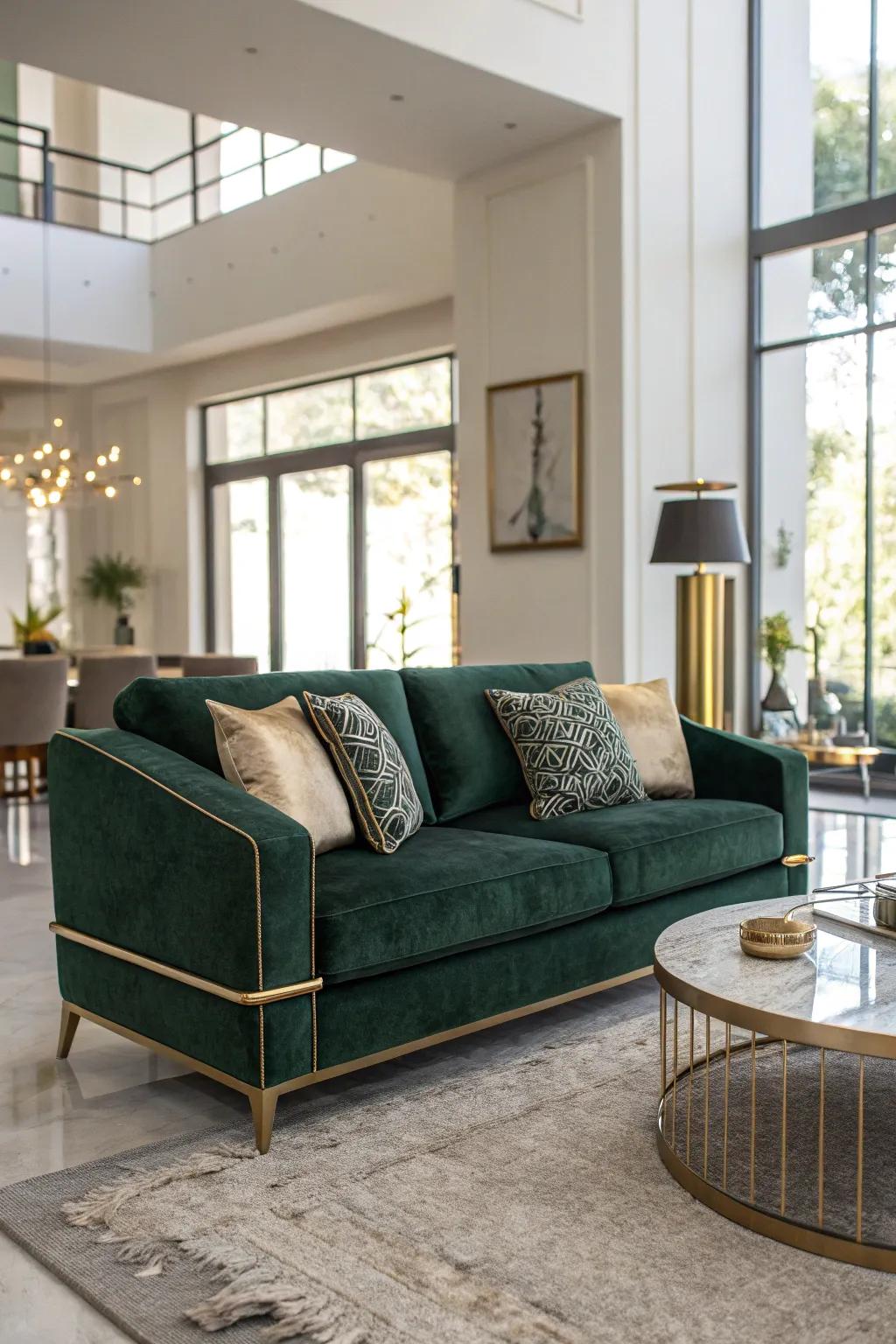 A dark green velvet couch exudes luxury and appeal within your living room.
