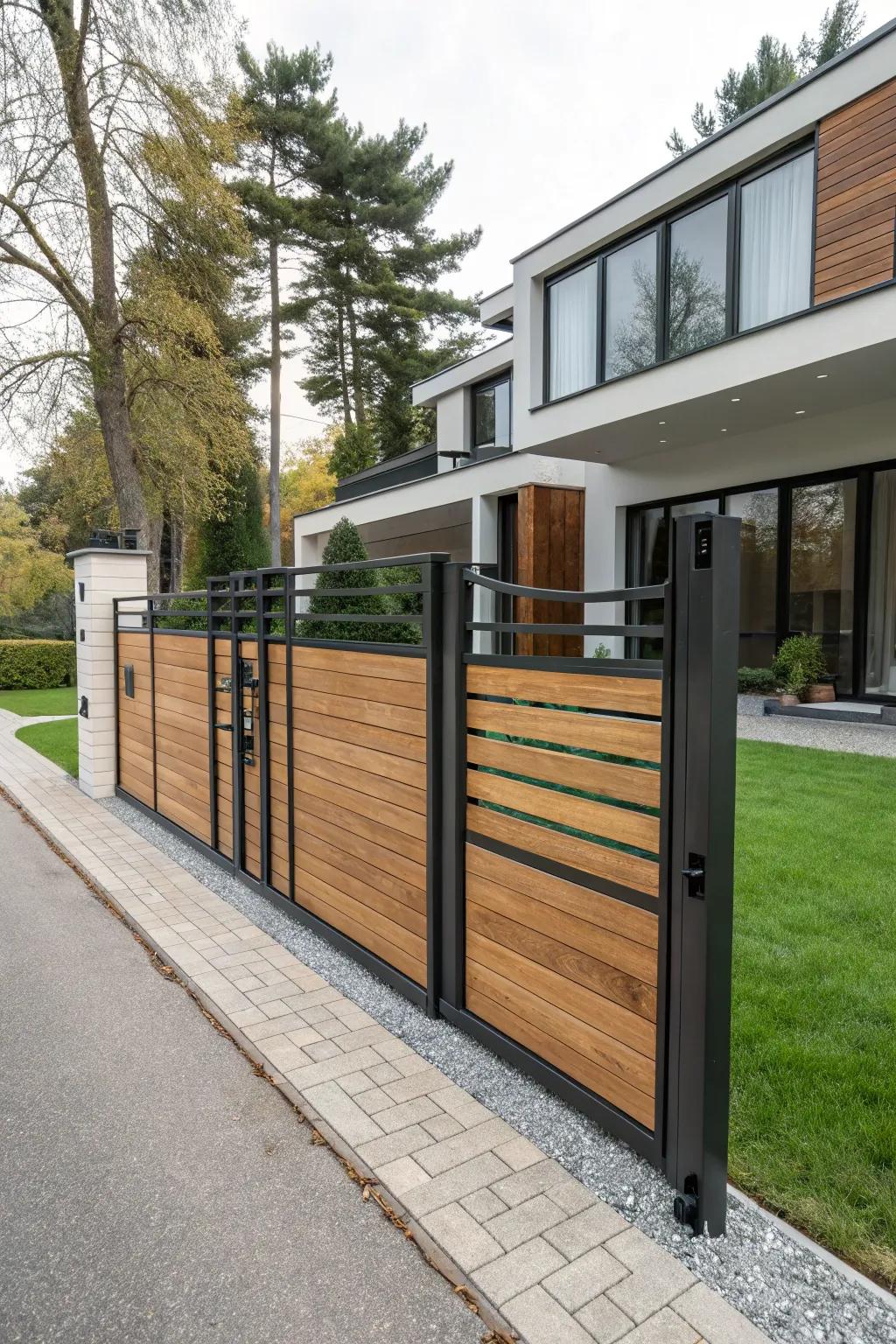 Combining different materials like wood and metal creates a visually striking gate.
