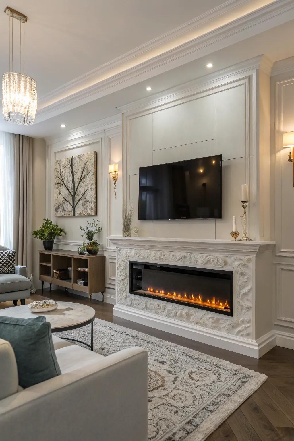 An electric fireplace is gracefully positioned under a wall-mounted TV.