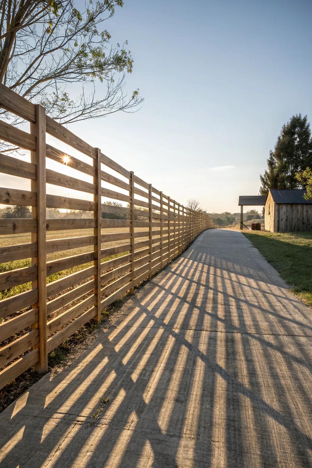 Contemporary horizontal slats creating a sleek and inviting modern farmhouse fence.