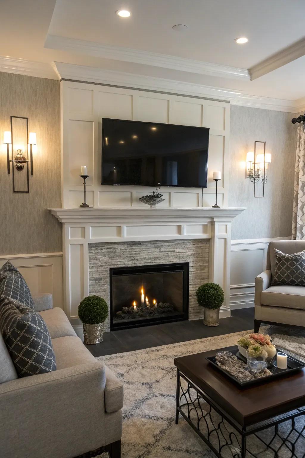 Sophisticated matching fixtures add balance to a fireplace and TV design.