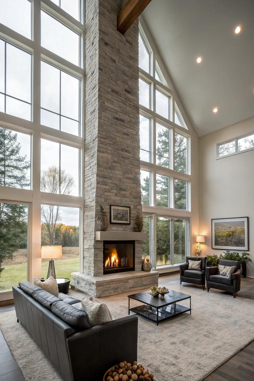 A floor-to-ceiling fireplace introduces a sense of spectacle to a contemporary living space.