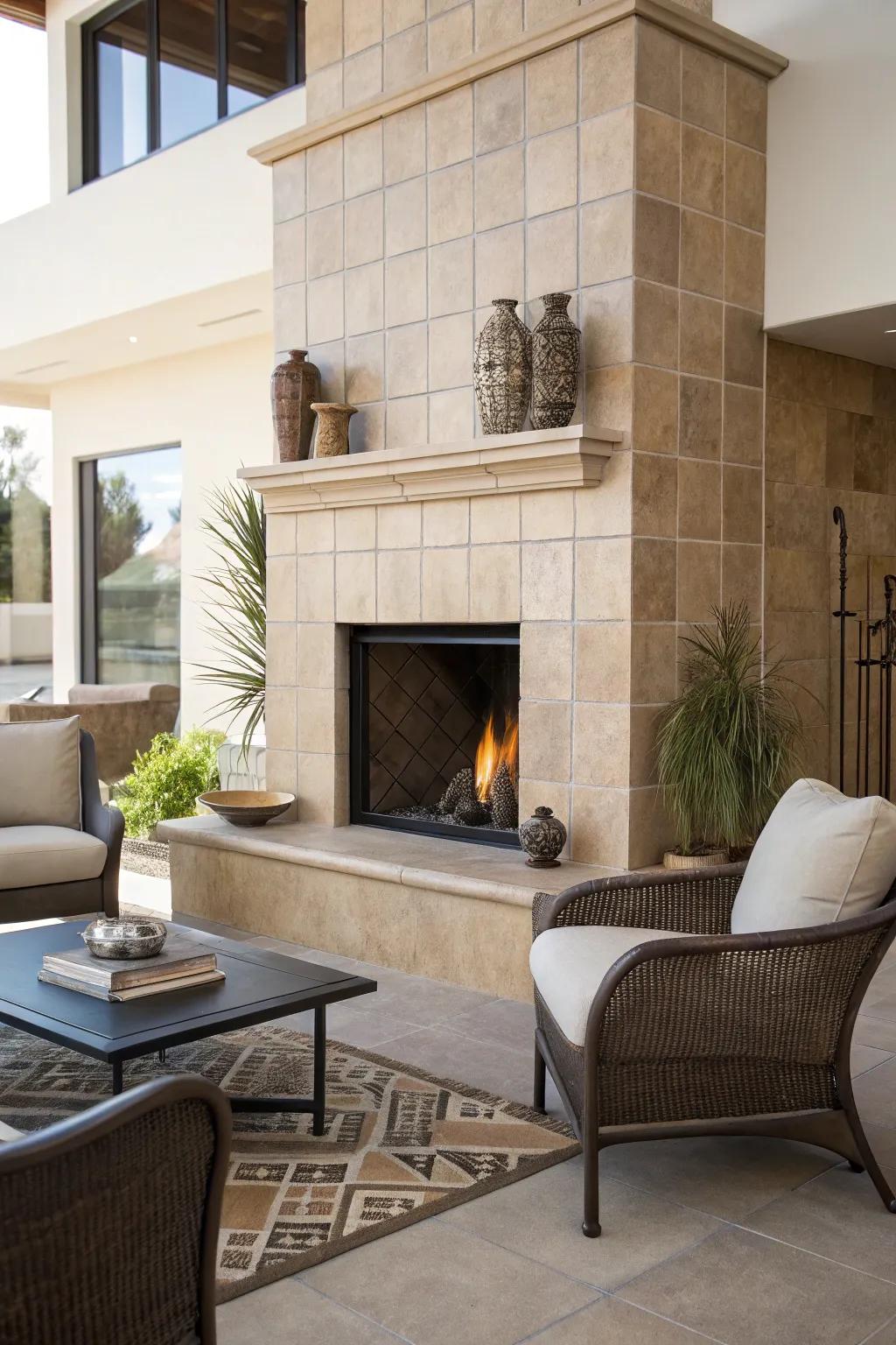 A fireplace adorned with neutral-toned tiles in a modern environment.
