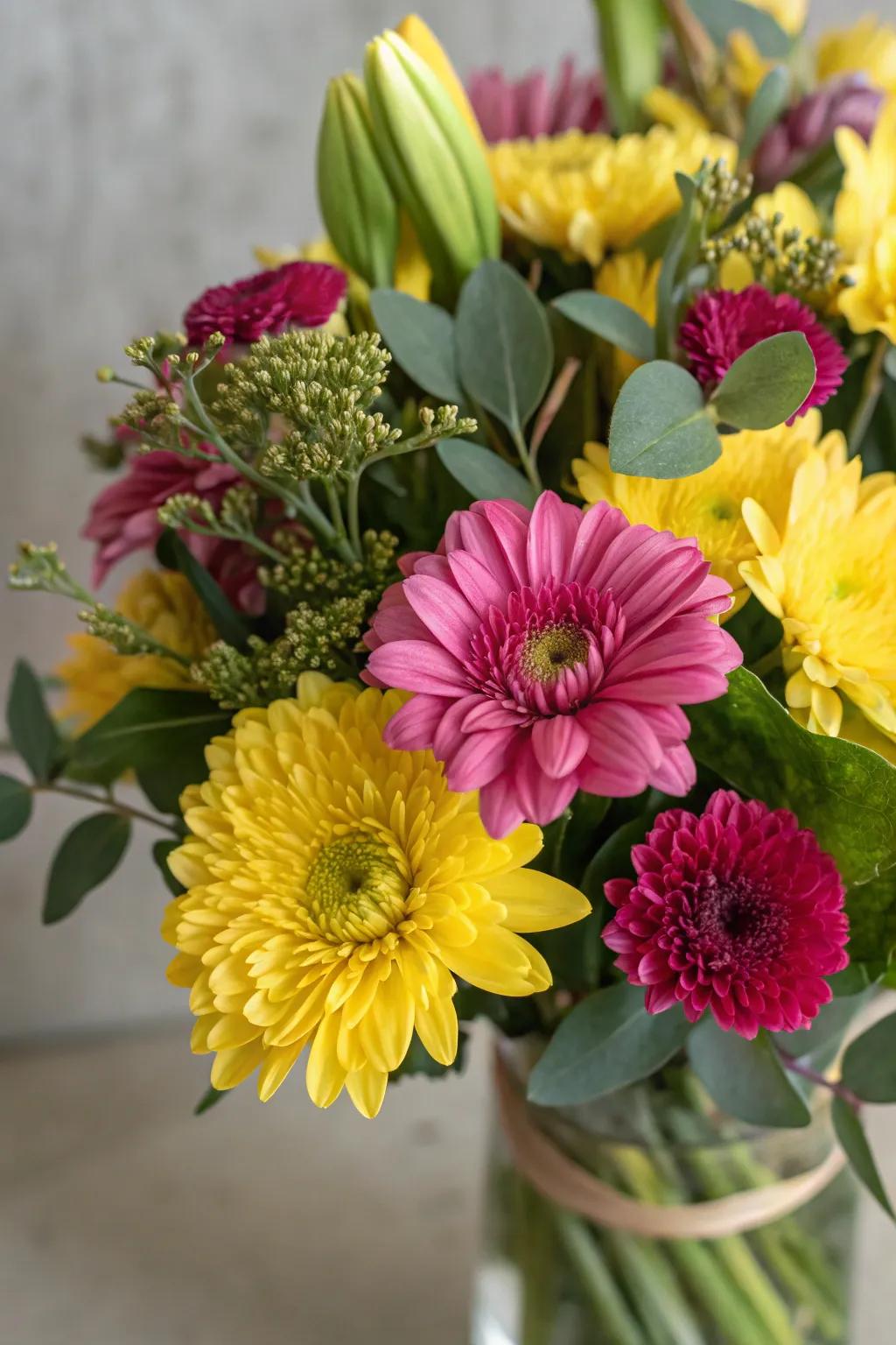 A visually popping floral display showcasing striking and vivacious color combinations.
