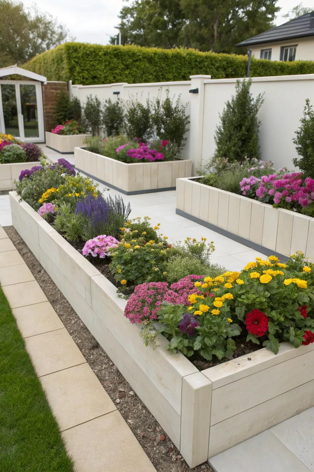 Elegant raised planter boxes introduce depth and visual interest.