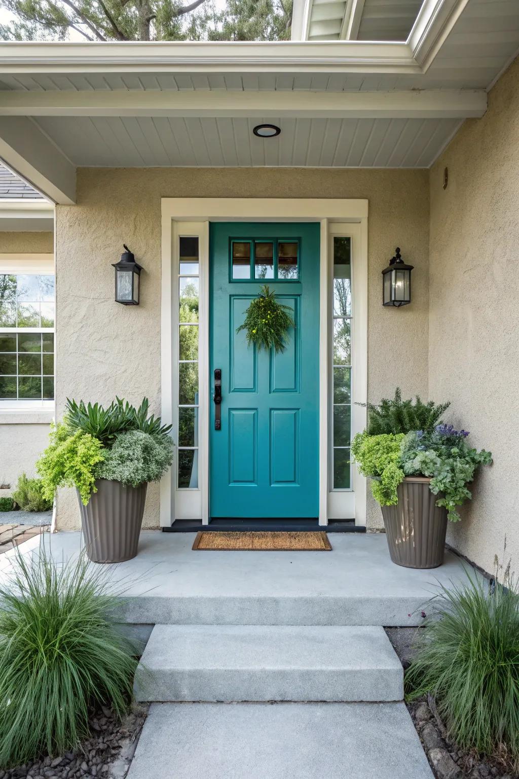 A vibrant front door adds a splash of color to a contemporary porch.