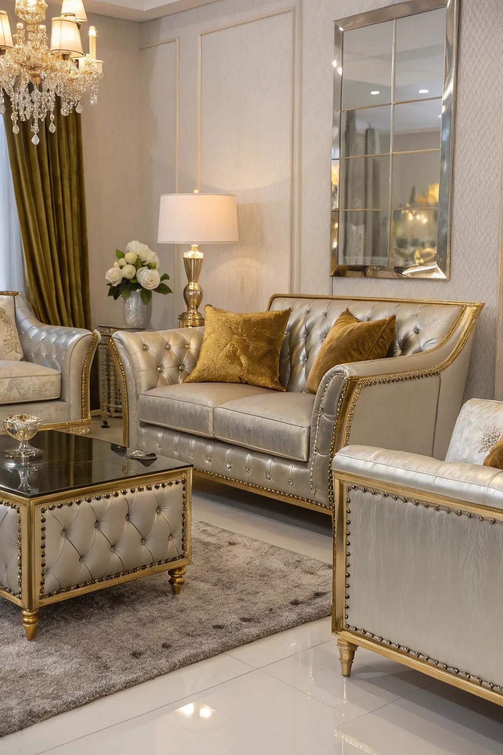 Seating with metallic upholstery introduces a lavish feel to this contemporary living space.