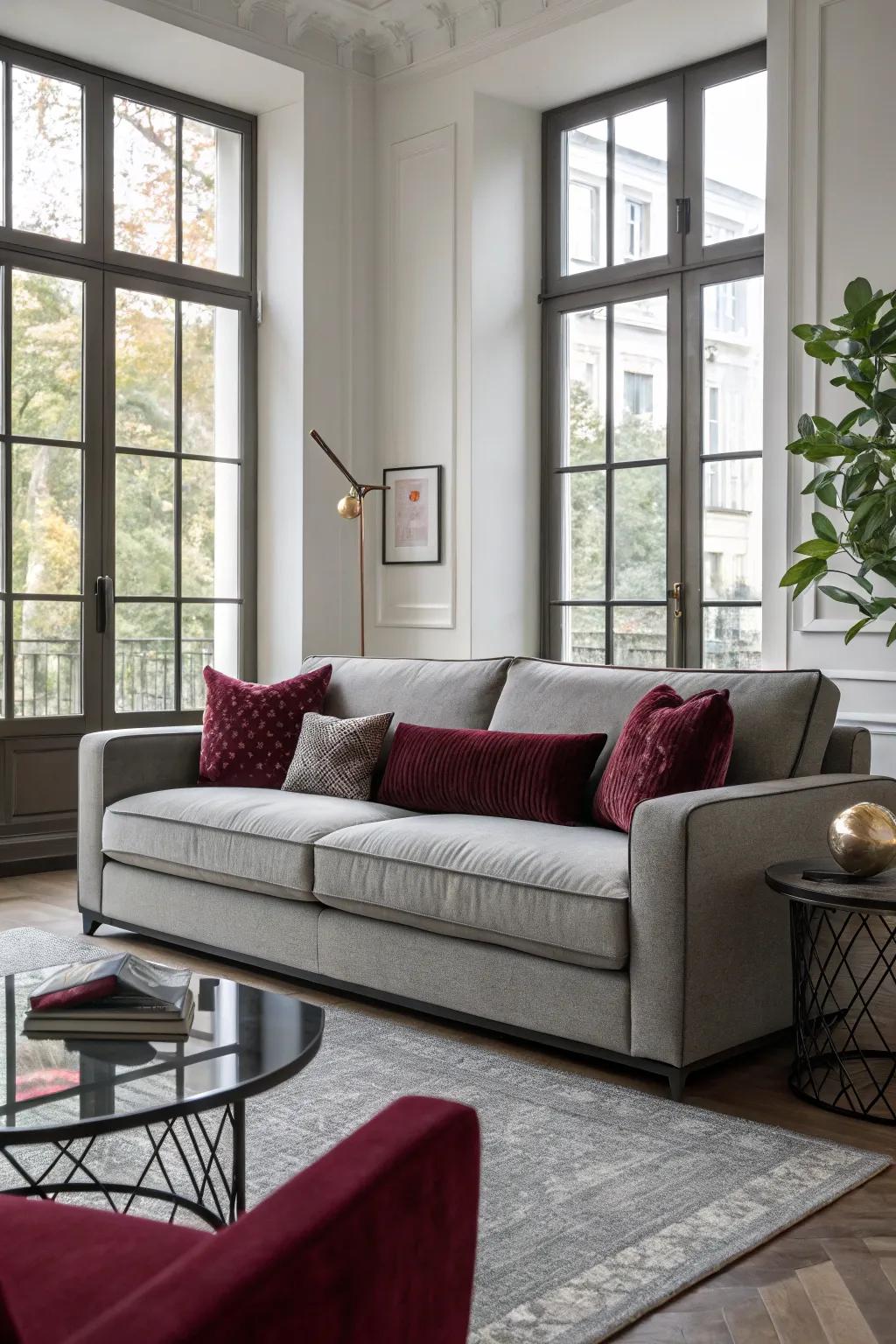 A sleek grey lounge complemented by wine-red cushions in a stylish setting.