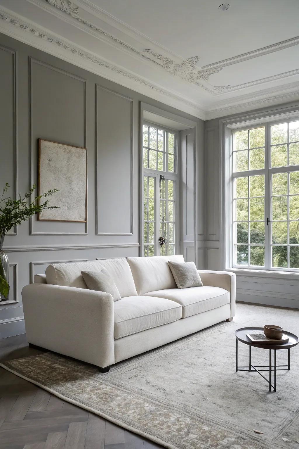 Elegant white furnishings brighten the living space.