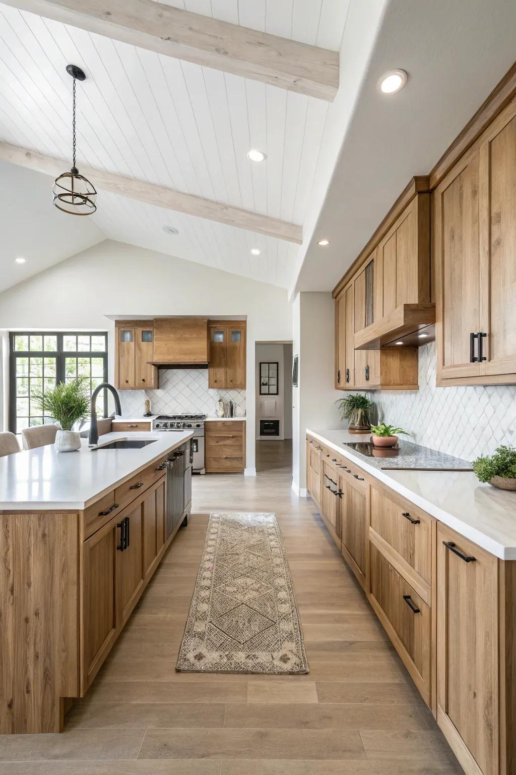An open kitchen layout accentuates the beauty of hickory cabinets.