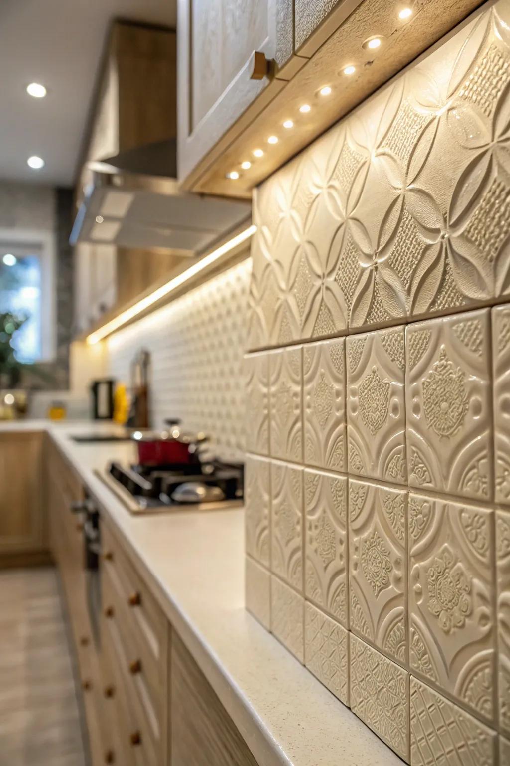 Textured panels impart profundity and aspect to your kitchen partitions.