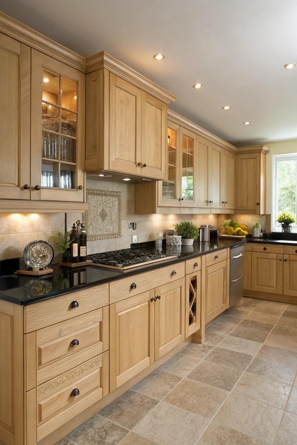 The contrast of dark countertops with light maple cabinets creates a stunning visual impact.