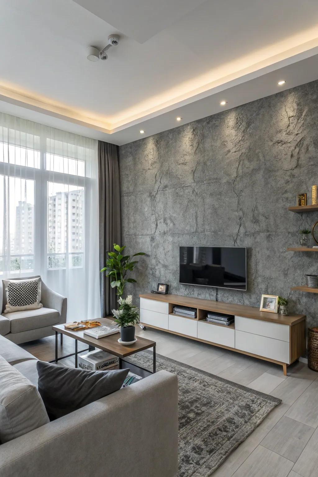 A surfaced gray wall introduces dimensionality and sophistication to this contemporary living space.