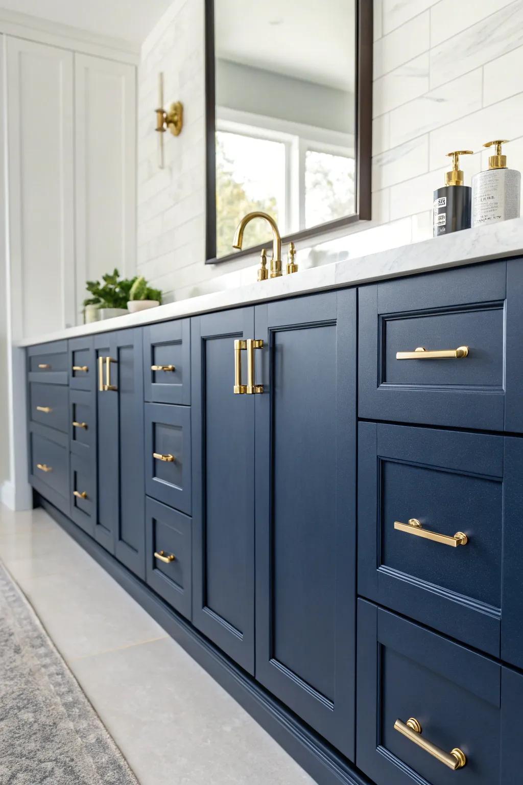Metal accents give warmth and classiness to deep sea kitchen cabinets.