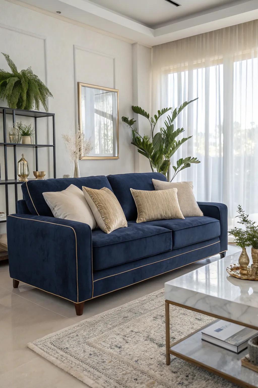 A deep blue sofa contributes an opulent feel to your area.