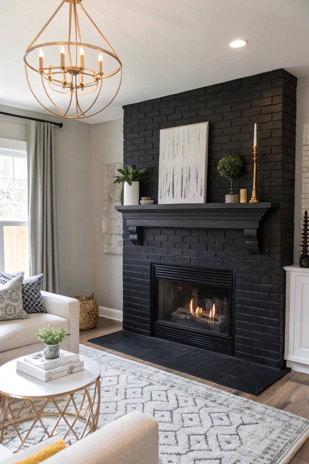 A black painted brick fireplace introduces spectacular flair.
