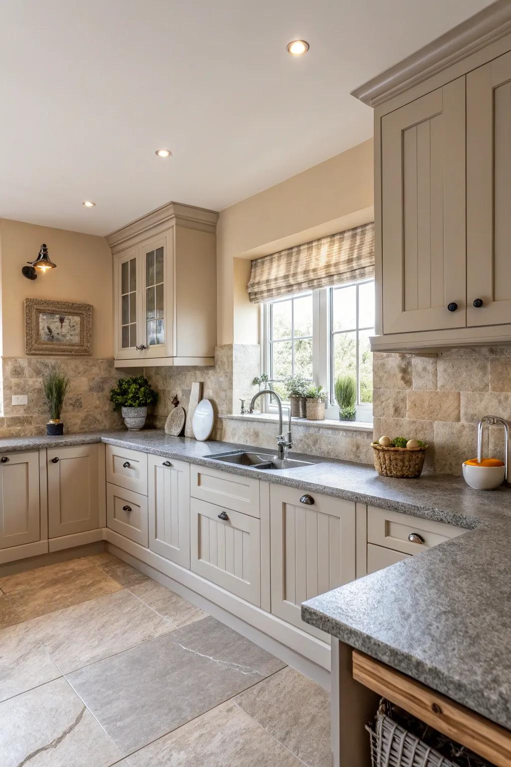 A serene kitchen space with a neutral color palette that complements rustic elements.